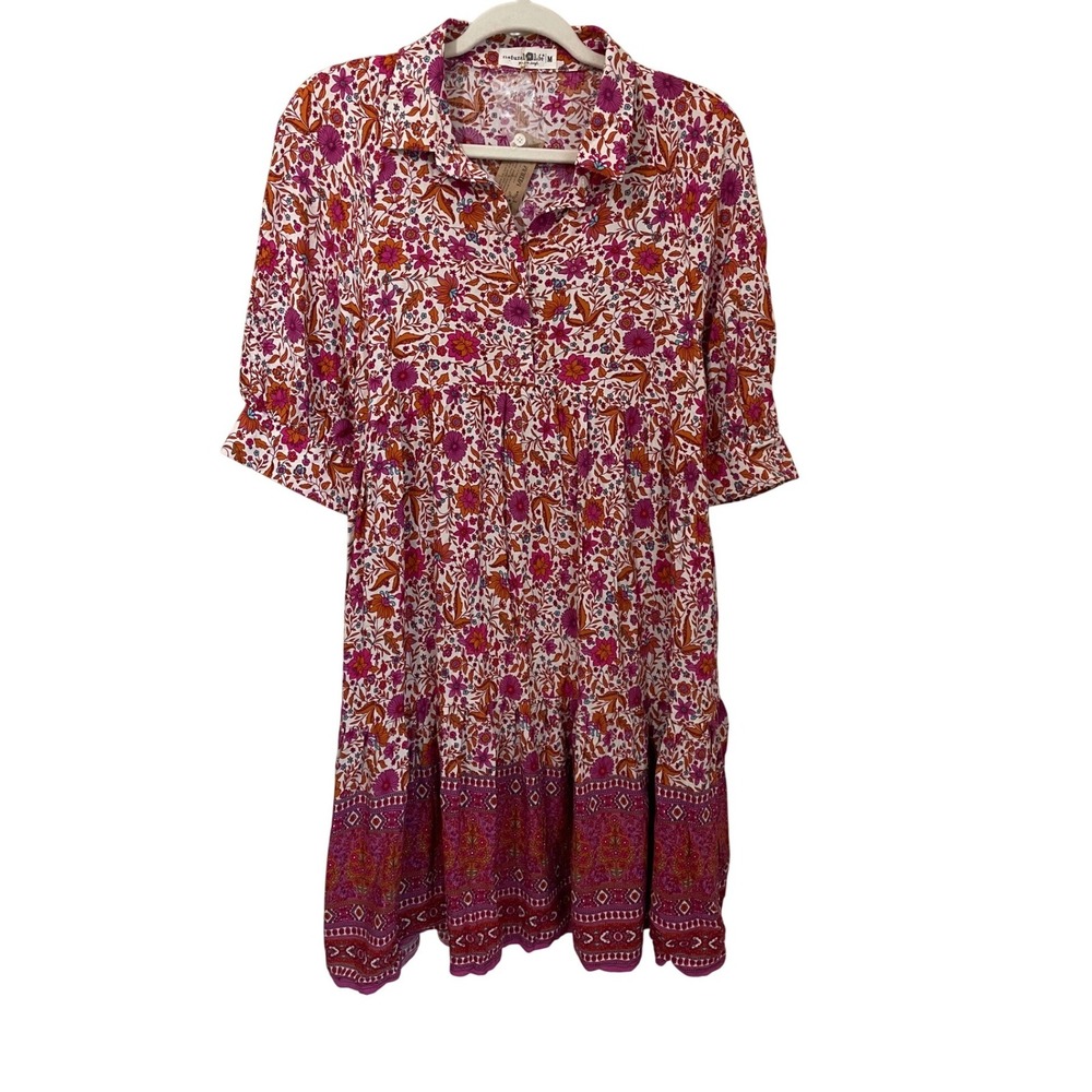 Natural Life Becca Floral Tiered Dress Pink Orange Boho Size M NWT 1/2 Sleeve